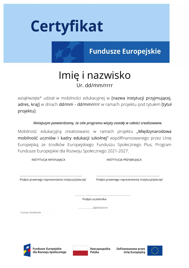 Wzór certyfikatu Fundusze Europejskie dla Rozwoju Społecznego